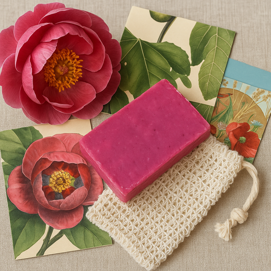 Pink bar of soap on a textured surface with floral cards and a flower.
