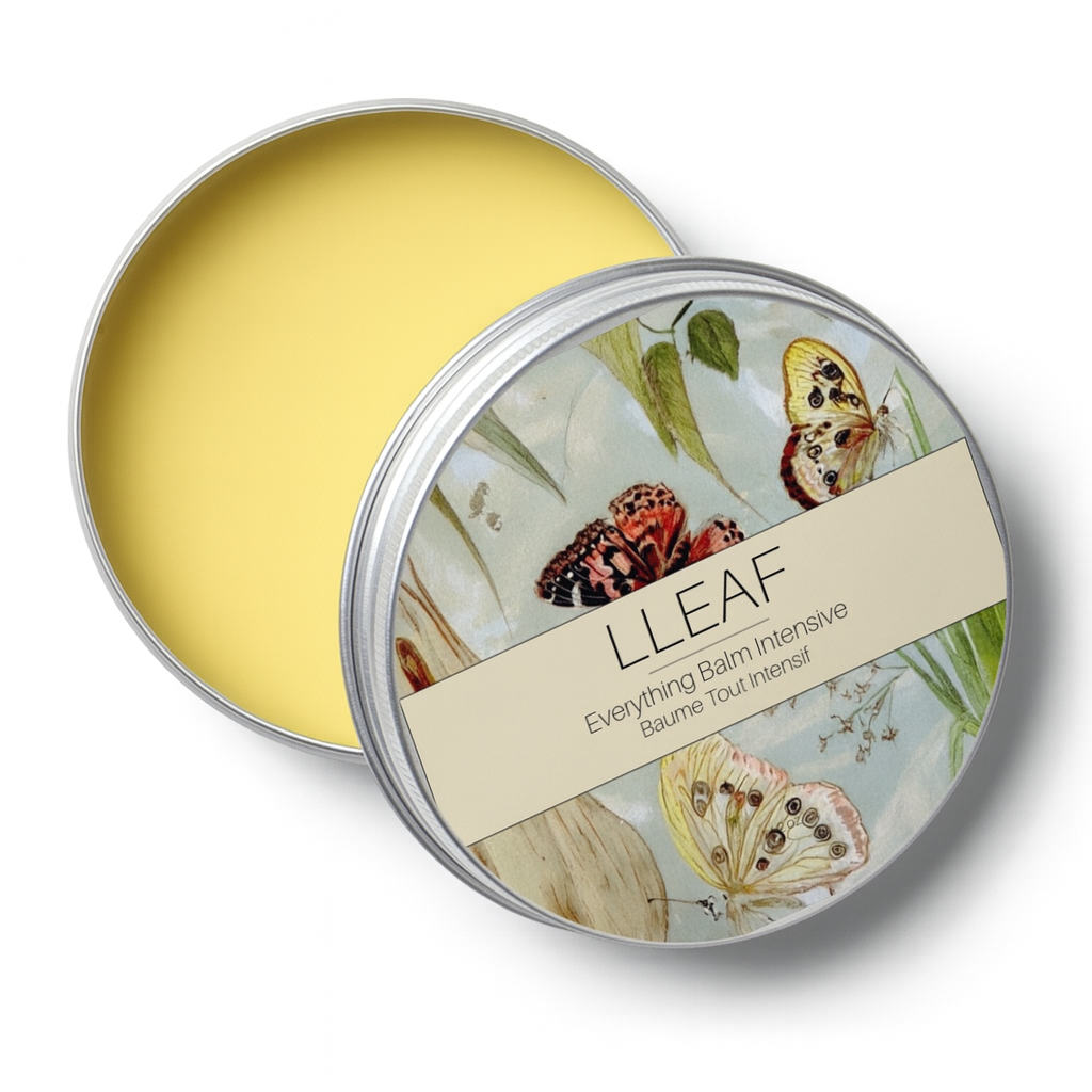 LLEAF balm tin with lid open on a white background