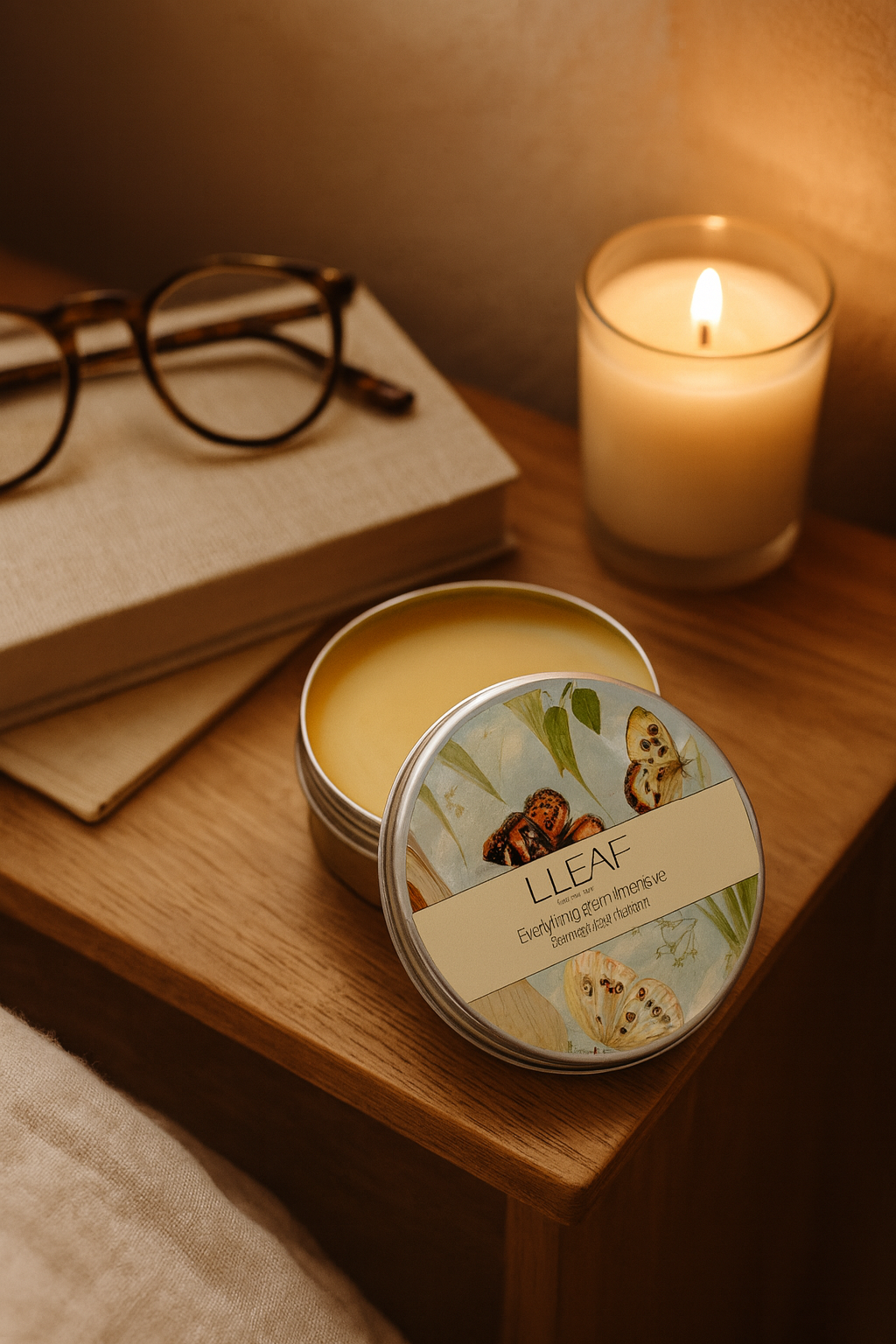 Candle in a tin labeled 'LEAF' on a wooden surface with a lit candle and glasses in the background.