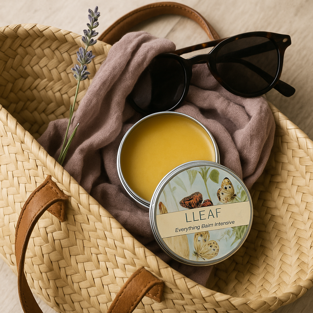 LLEAF balm tin with a plant, sunglasses, and towel inside a woven basket.