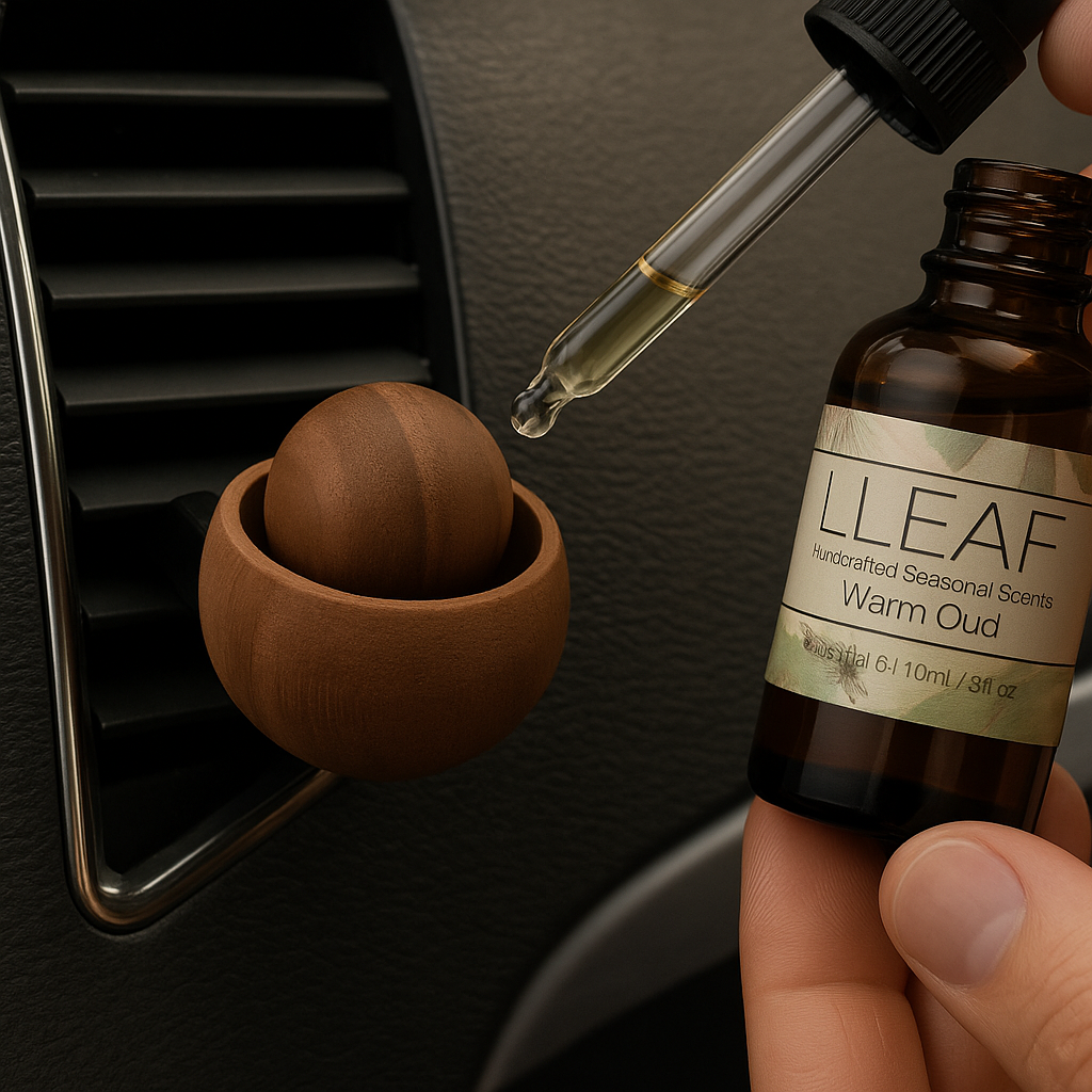 Bottle of LLEAF Warm Oud oil being dripped into a car air freshener holder.