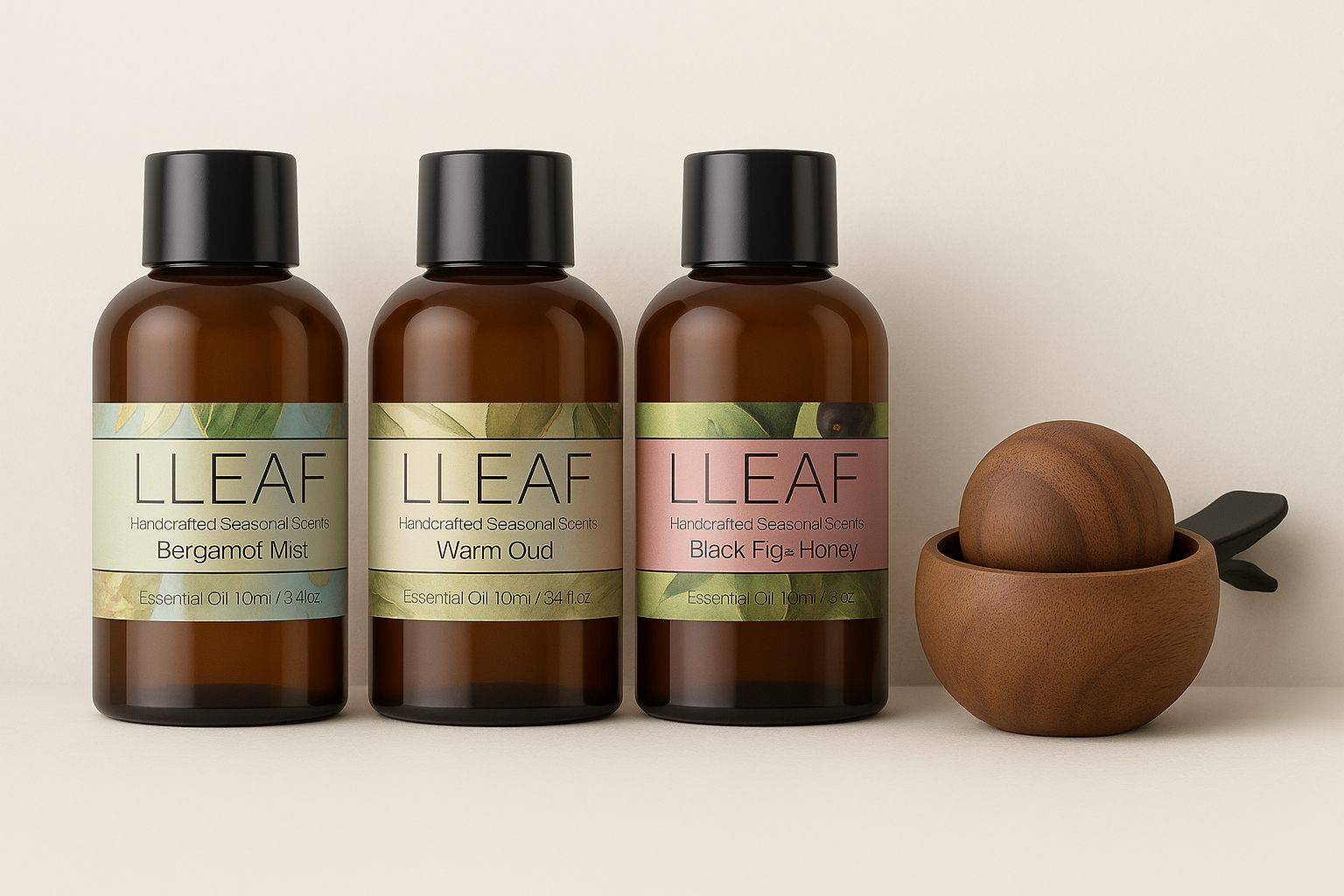 Four LLEAF essential oil bottles with wooden accessories on a neutral background