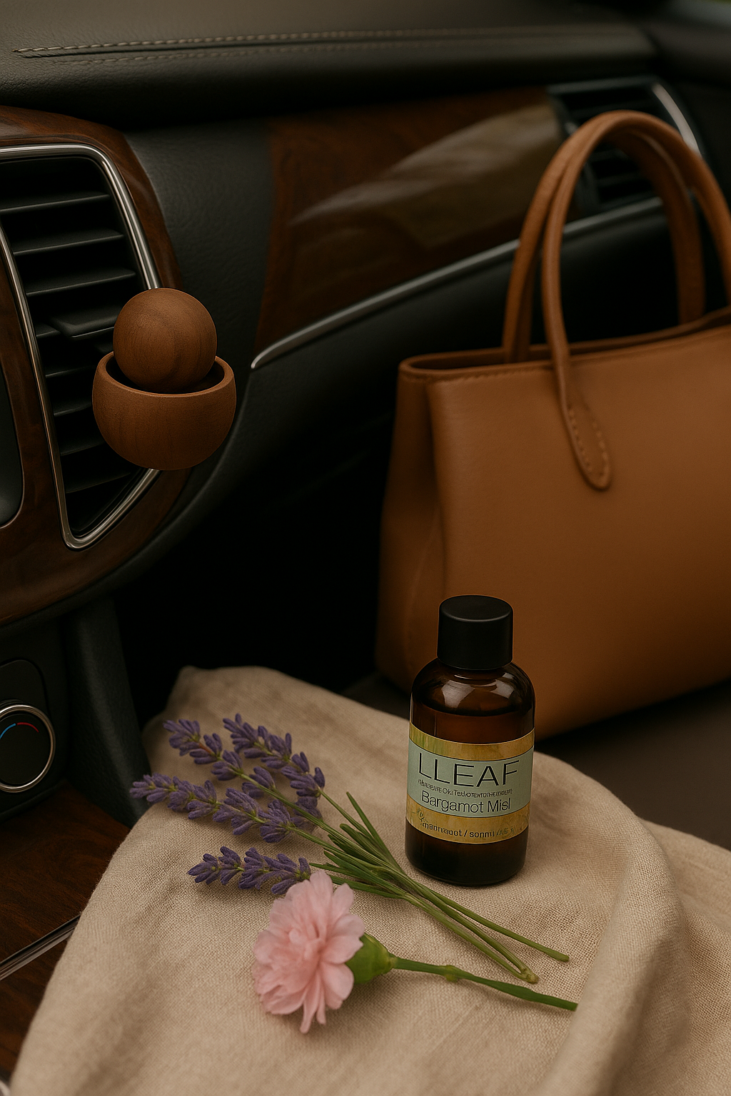 L'LEAF essential oil bottle with lavender and a pink flower on a car's console.