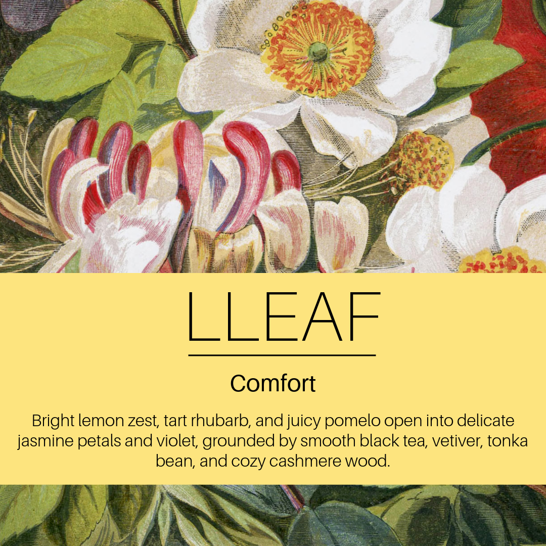 Floral design with 'LLEAF' brand name and product description on a yellow background