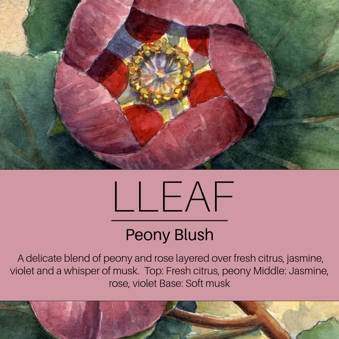 Floral design with 'LLEAF Peony Blush' description and color swatch.