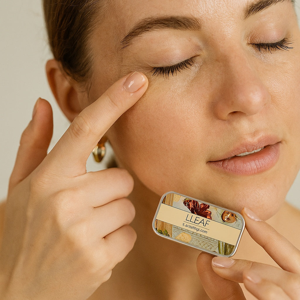 Woman applying a product from LLEAF to her eye area with a small tin visible.