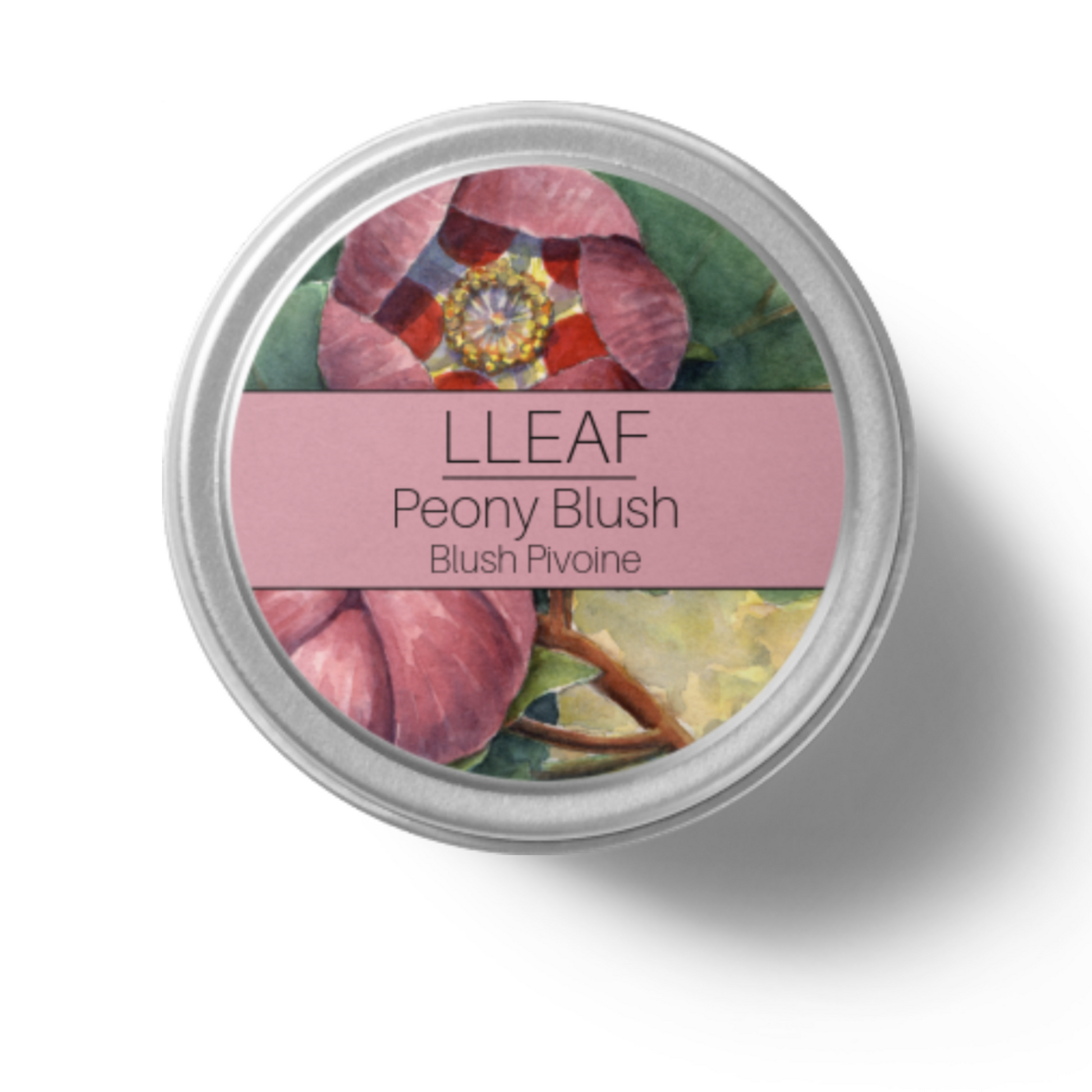 Cosmetic container with a pink flower design and 'LLEAF' branding on a white background