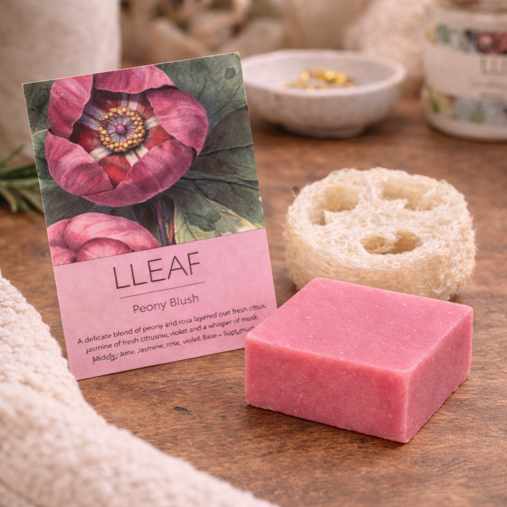 Pink soap bar with a card featuring a floral design and 'LLEAF' branding on a wooden surface.