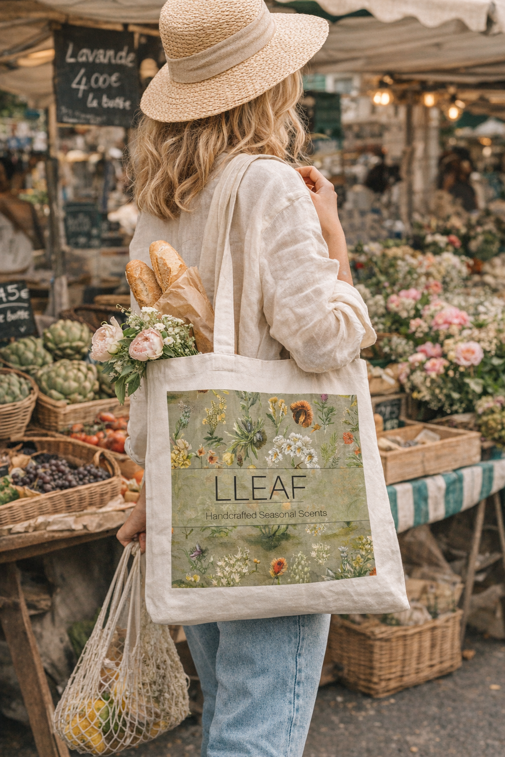 Woman holding a tote bag with 'LLEAF' branding at an outdoor market.