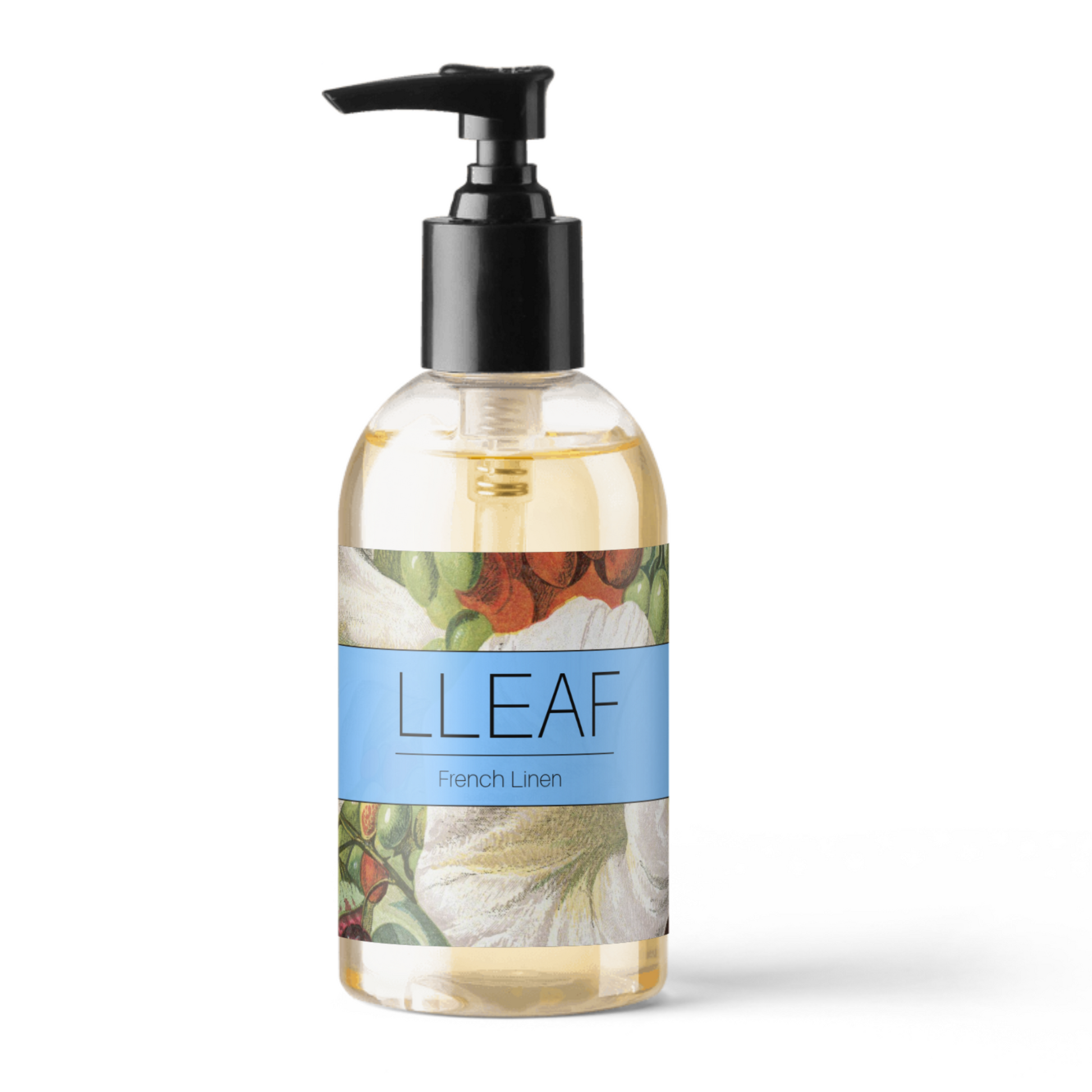 Bottle of L'Leaf hand soap with floral design on a white background