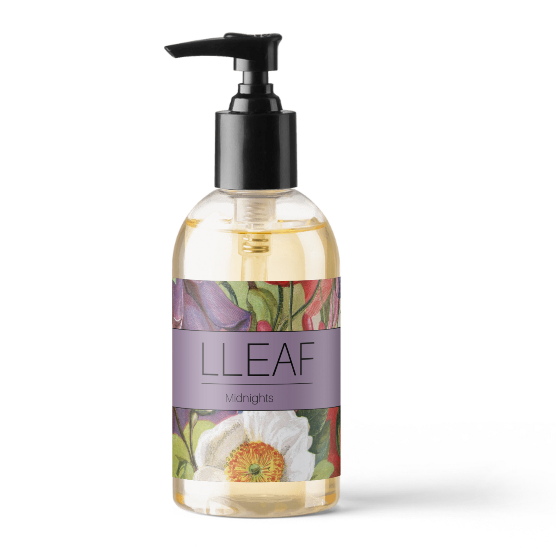 Bottle of LLEAF product with a floral label on a white background