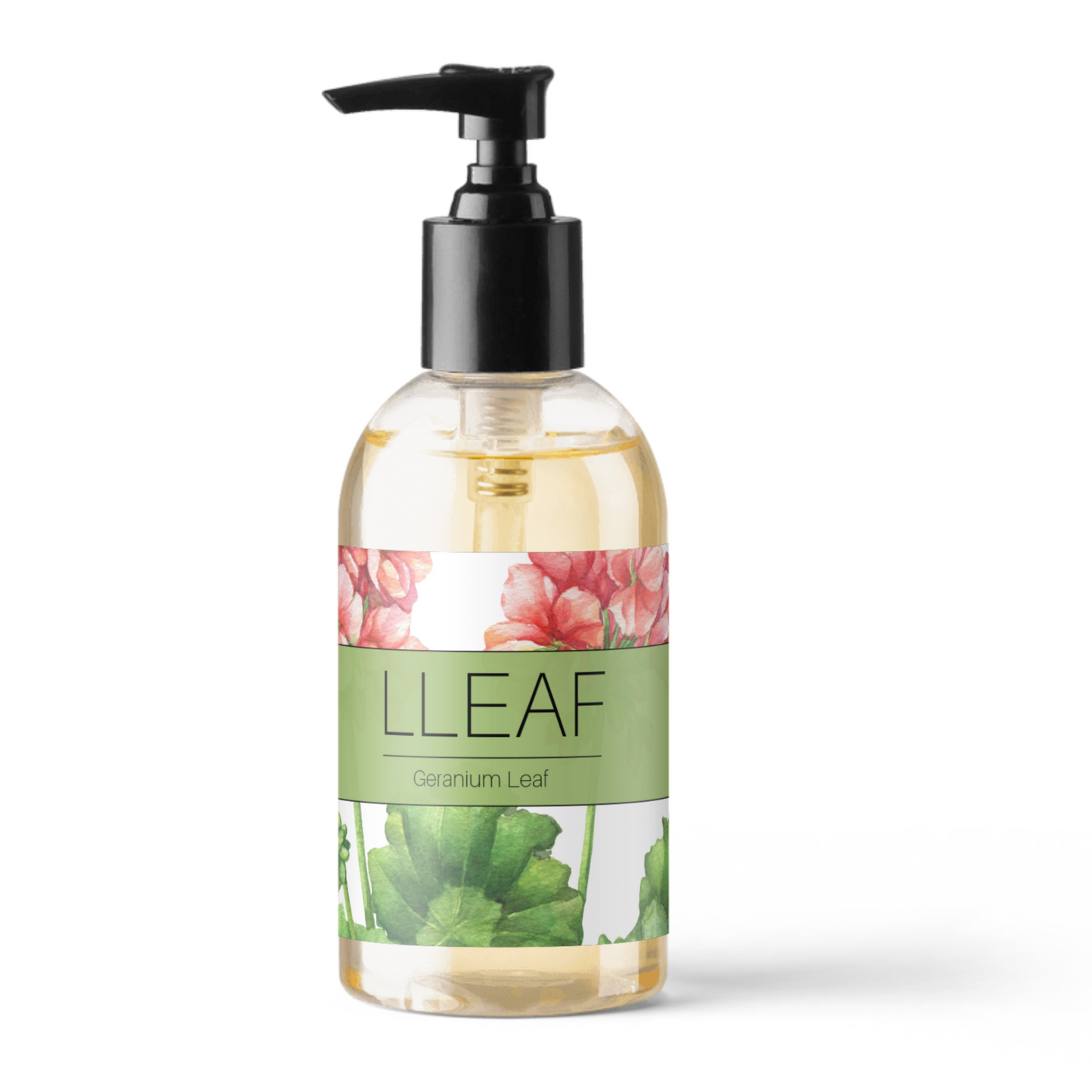 Bottle of LLEAF product with floral and leaf design on a white background