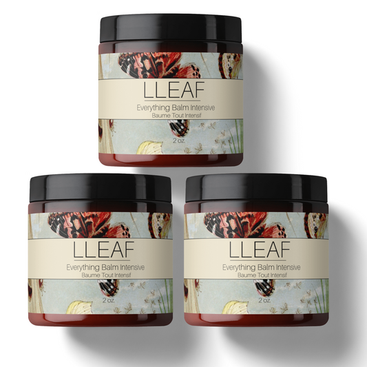Three jars of LLEAF Everything Balm Intensive on a white background