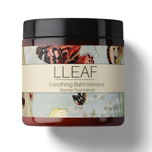 LLEAF Everything Balm Intensive jar with butterfly design on a white background