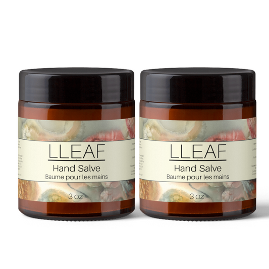 Two jars of LLEAF Hand Salve on a white background