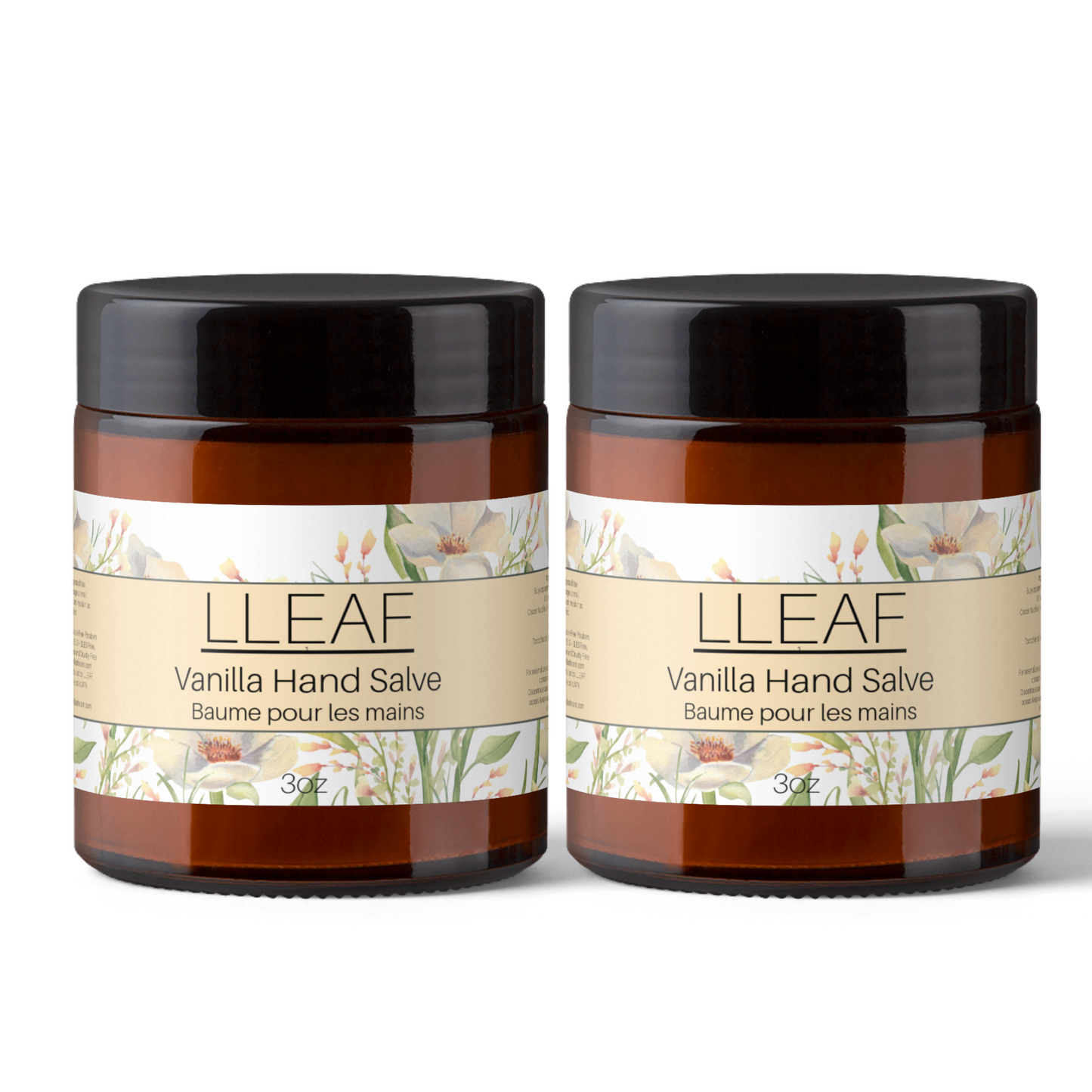 Two jars of LLEAF Vanilla Hand Salve on a white background