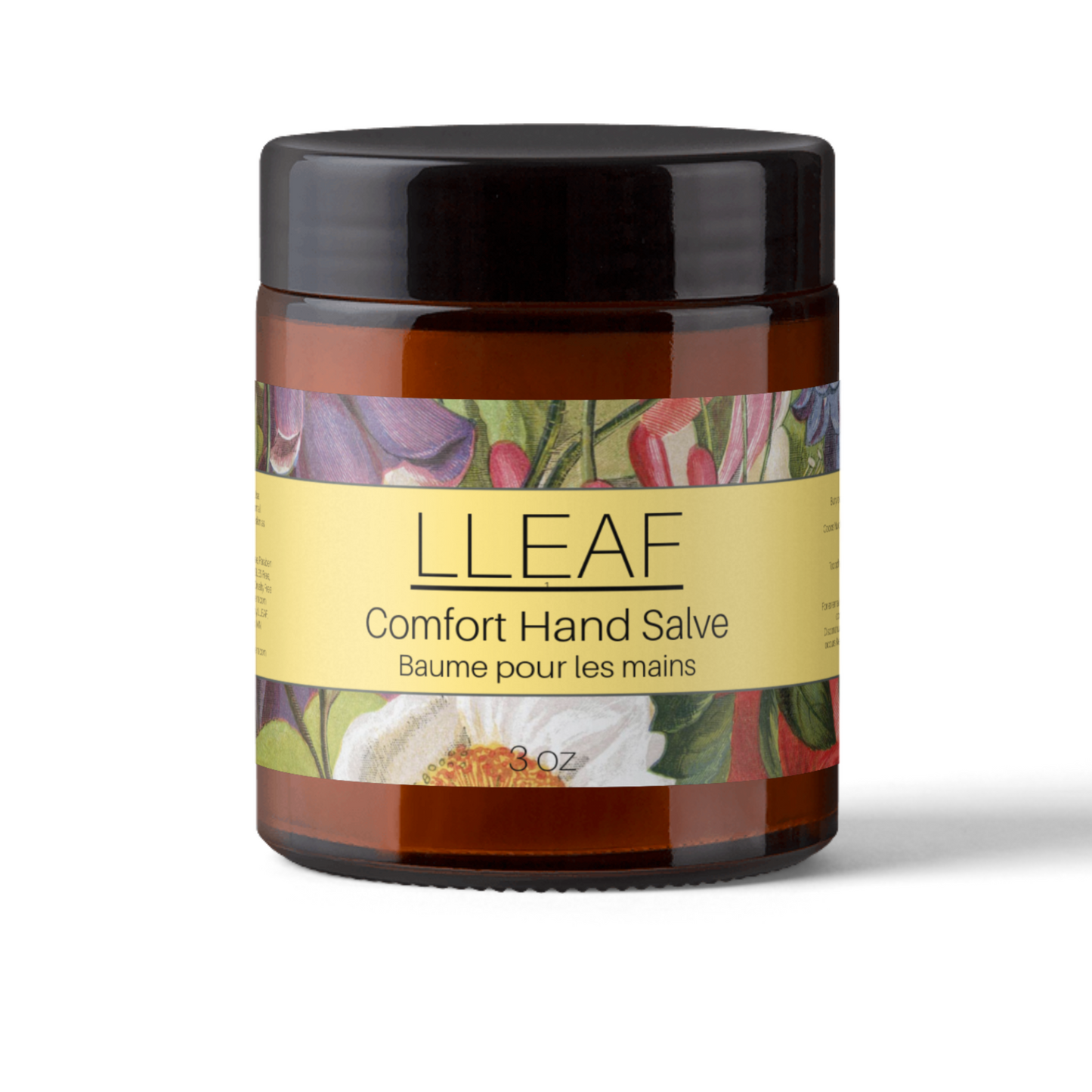 Jar of LLEAF Comfort Hand Salve with floral label on a white background