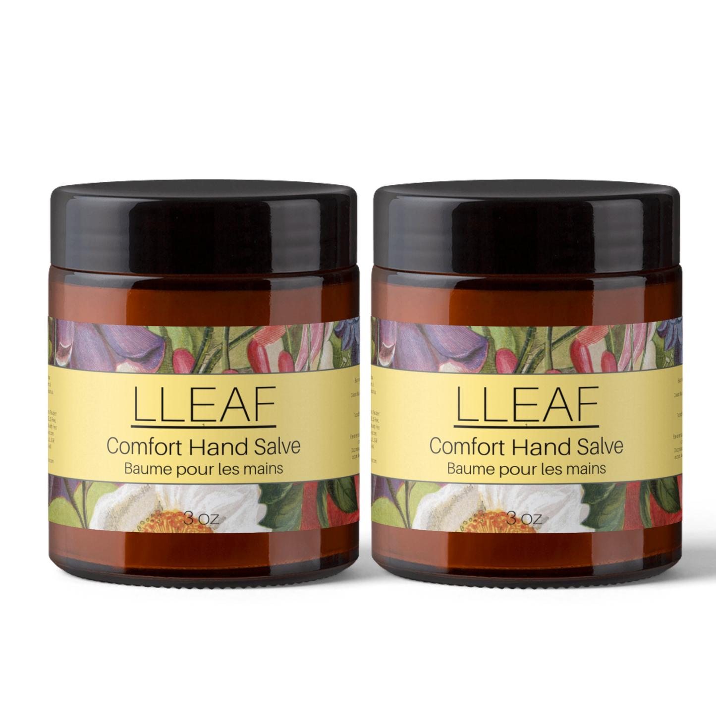 Two jars of LLEAF Comfort Hand Salve on a white background