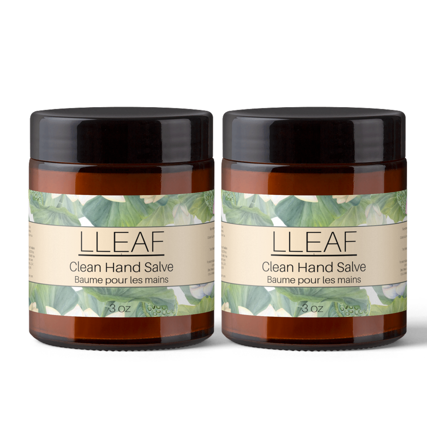 Two jars of LLEAF Clean Hand Salve on a white background
