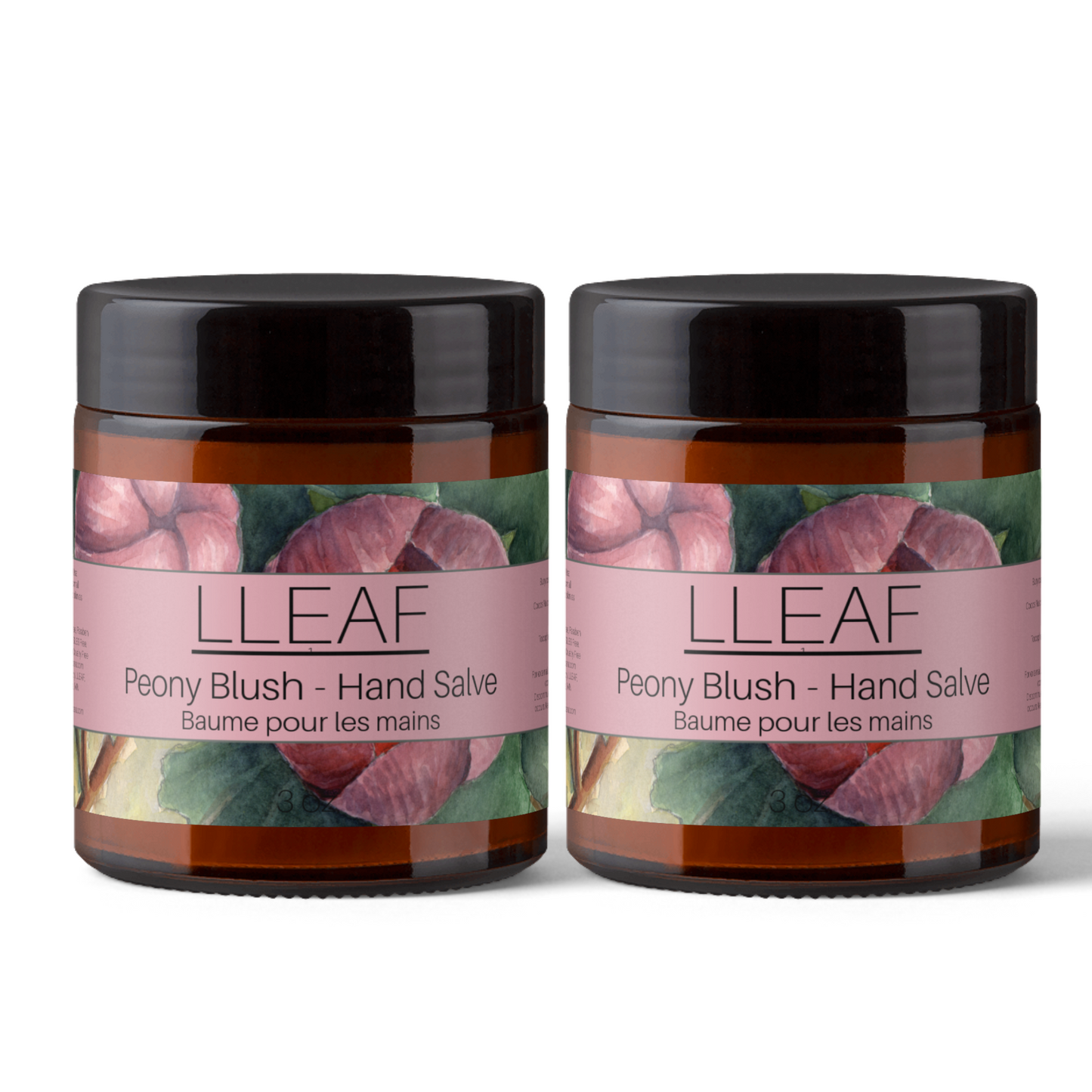 Two jars of LLEAF Peony Blush Hand Salve on a white background