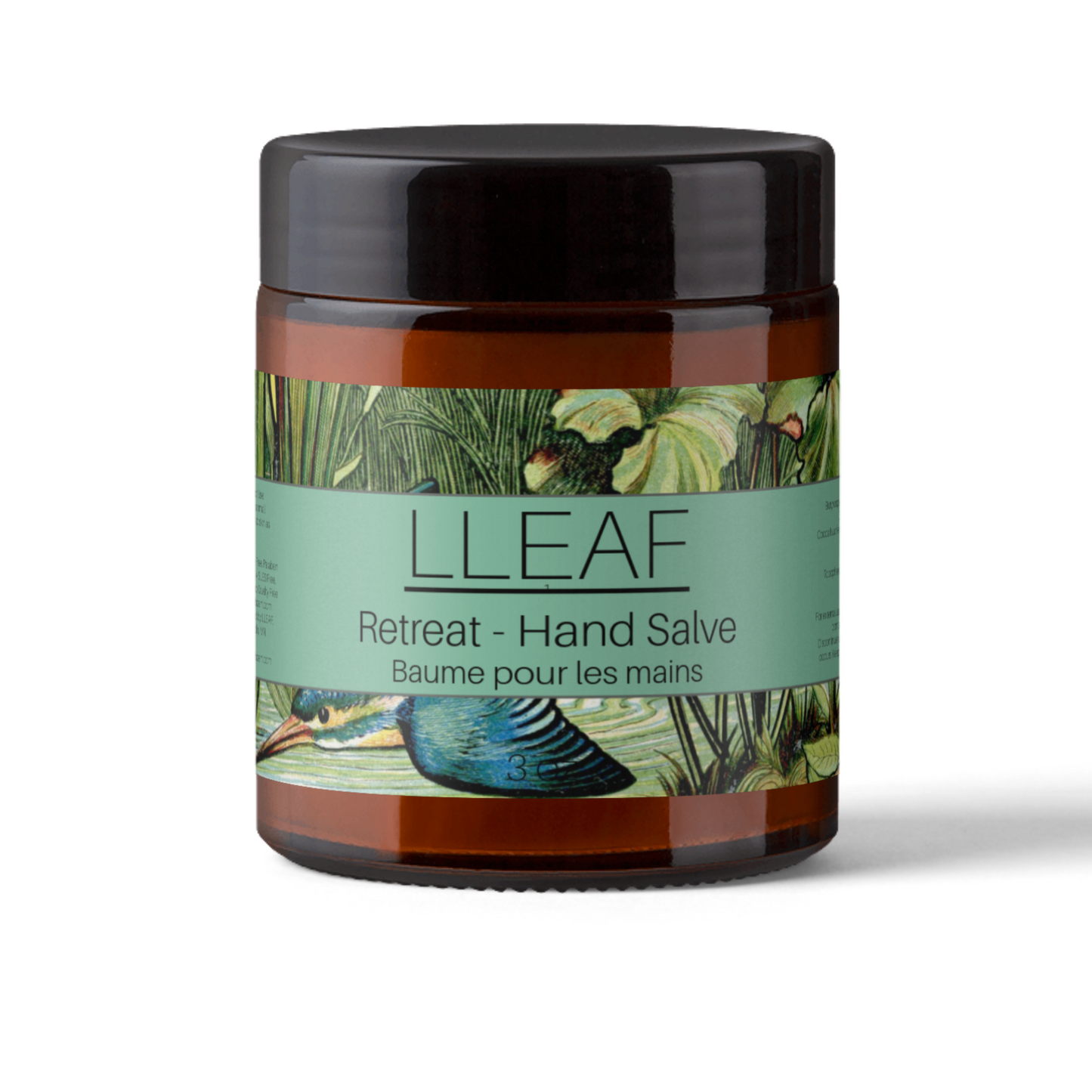 Jar of LLEAF Retreat Hand Salve with decorative label on a white background
