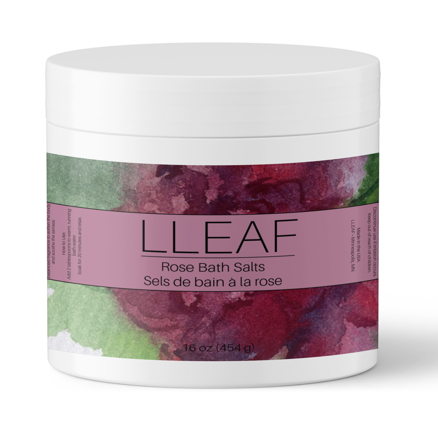 Jar of LLEAF Rose Bath Salts with floral design on a white background