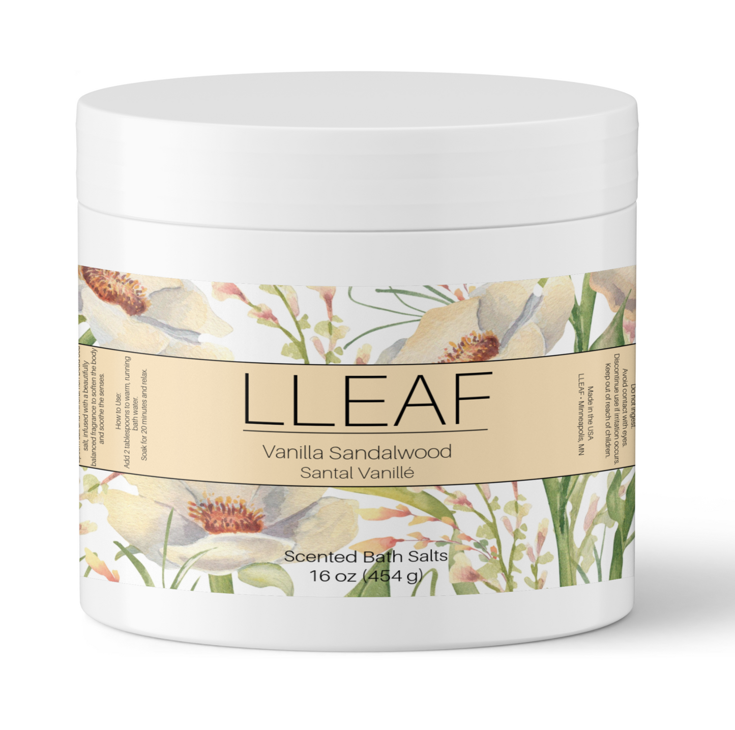 Jar of LLEAF Vanilla Sandalwood scented bath salts with floral label on a white background