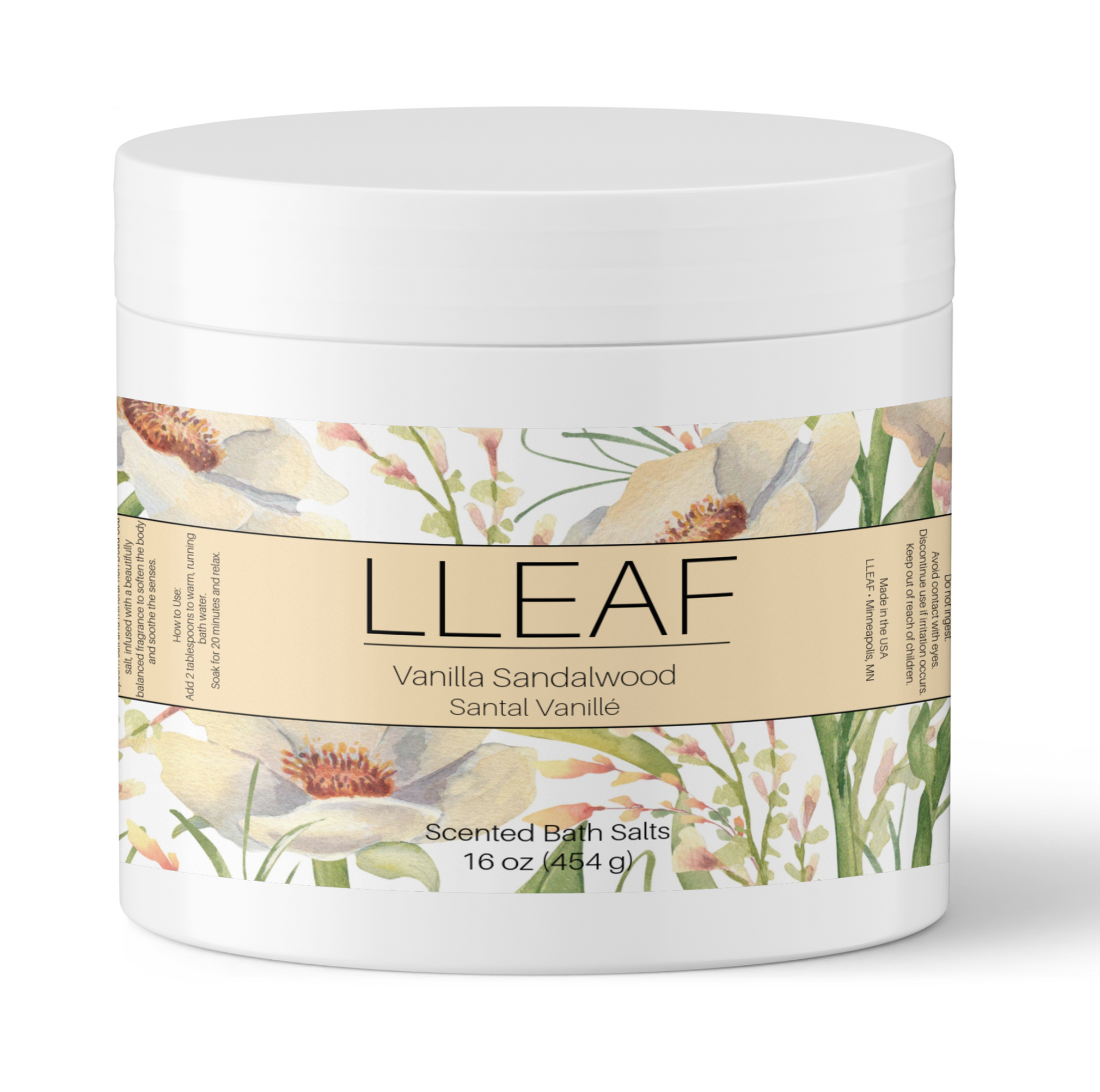 Jar of LLEAF Vanilla Sandalwood scented bath salts with floral label on a white background