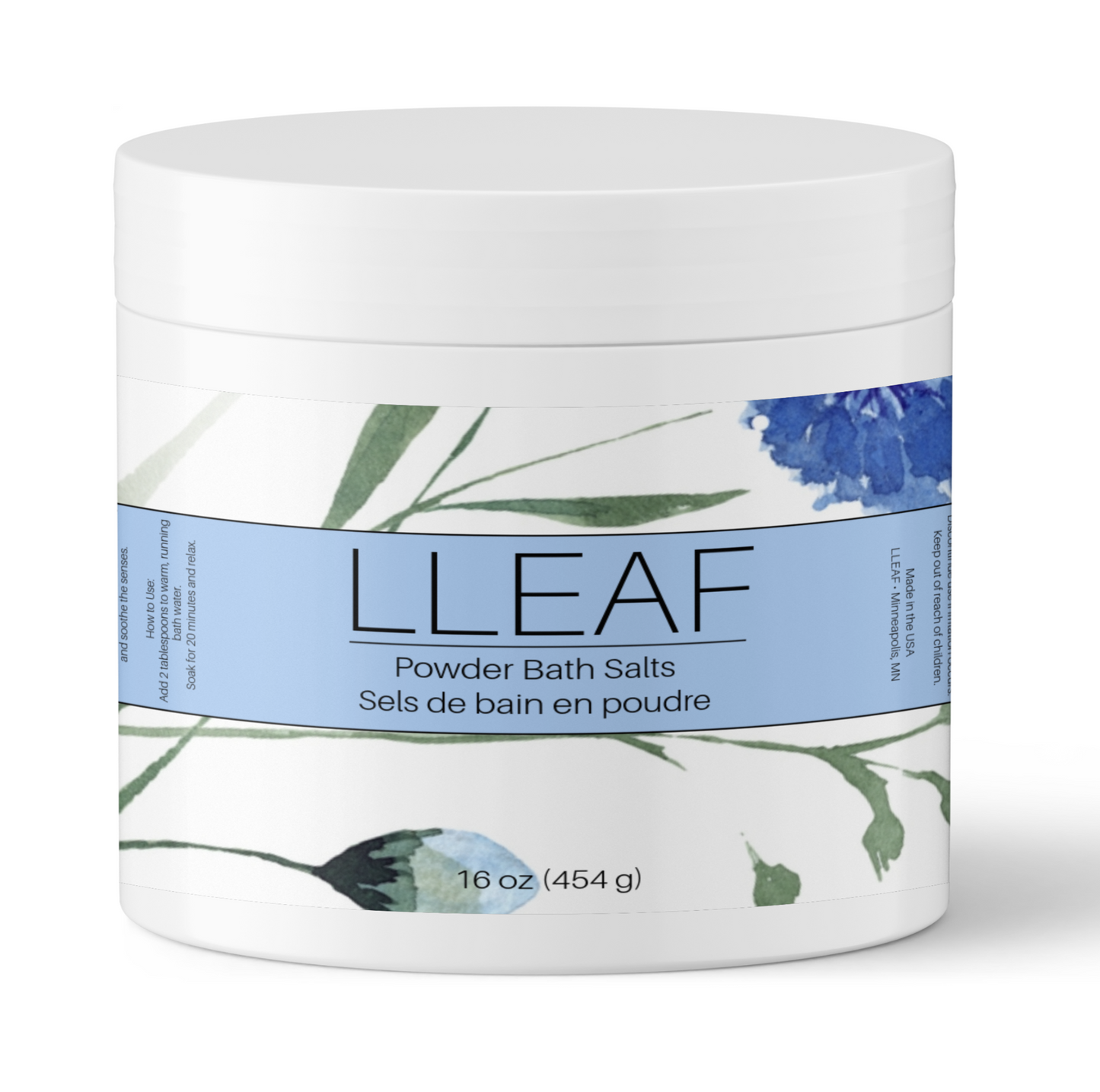 Container of LLEAF powder bath salts with floral design on a white background