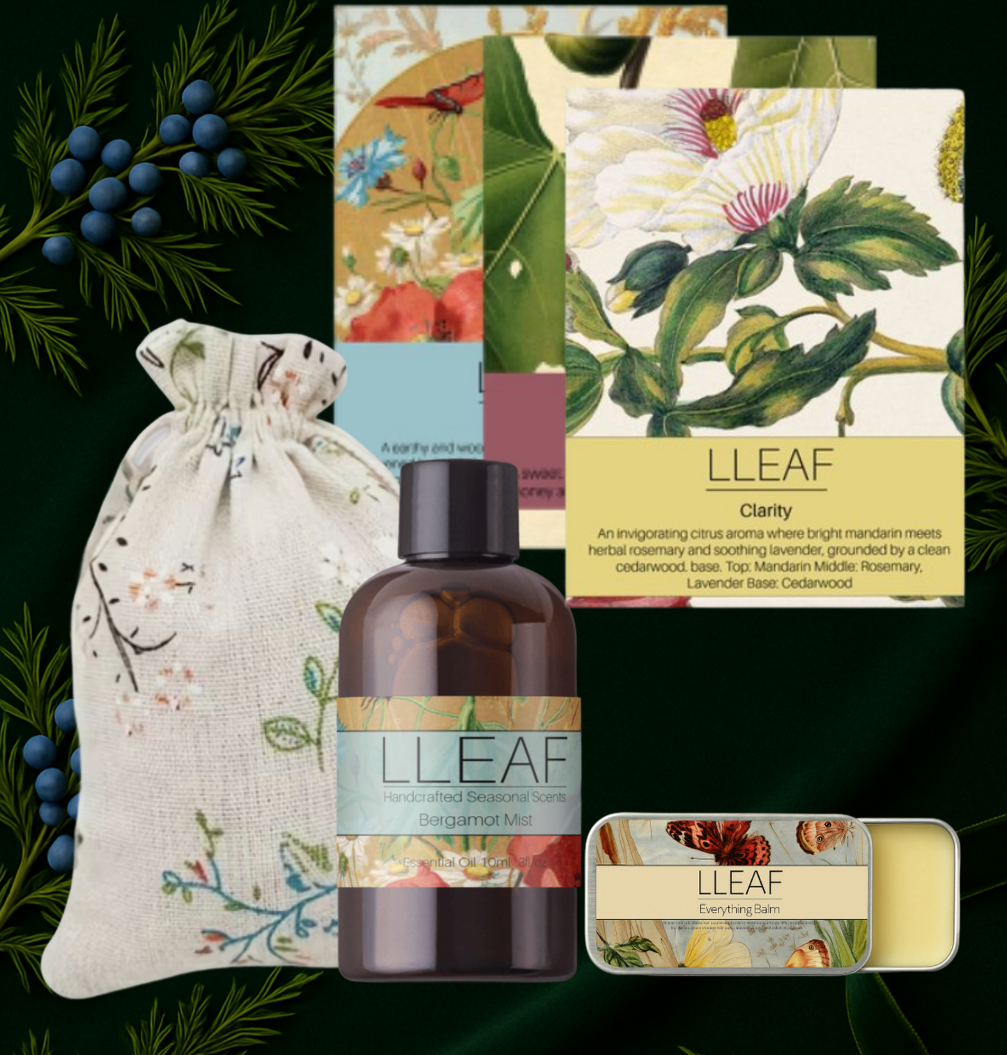 LLEAF skincare products including a bottle, soap, and pouch with botanical designs on a dark green background.