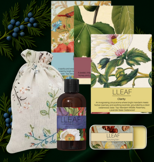 LLEAF skincare products including a bottle, pouch, and bar on a botanical-themed background.