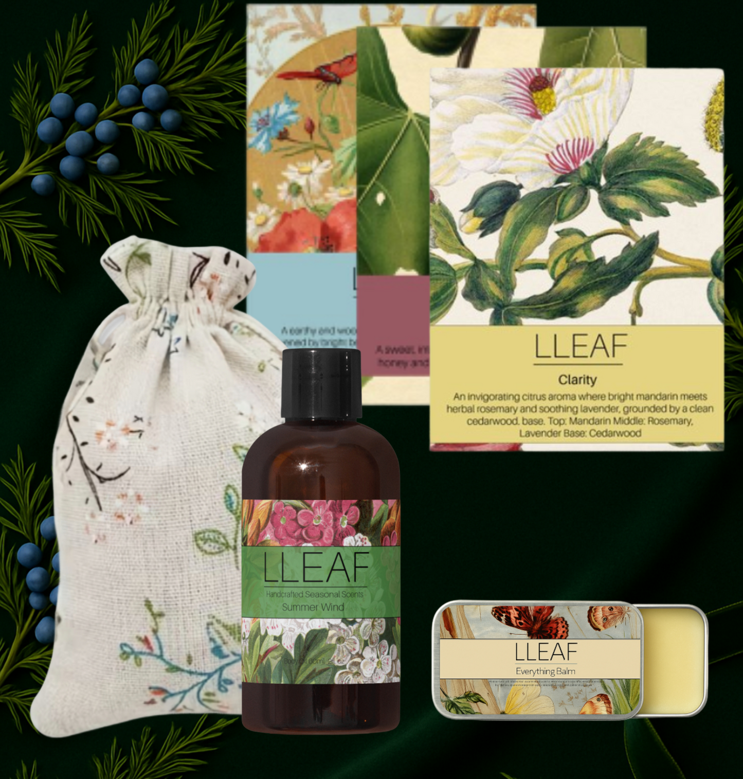 LLEAF product line including a bottle, soap, and pouch with botanical designs on a dark green background.