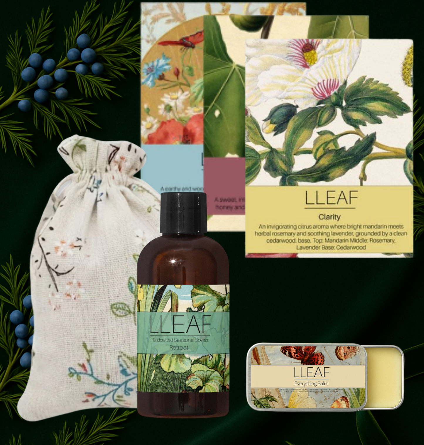 Collection of LLEAF products including a bottle, soap, and pouch with botanical designs on a dark green background.