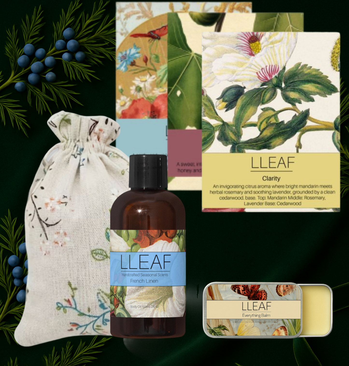 LLEAF skincare products including a bottle, pouch, and soap on a green leafy background