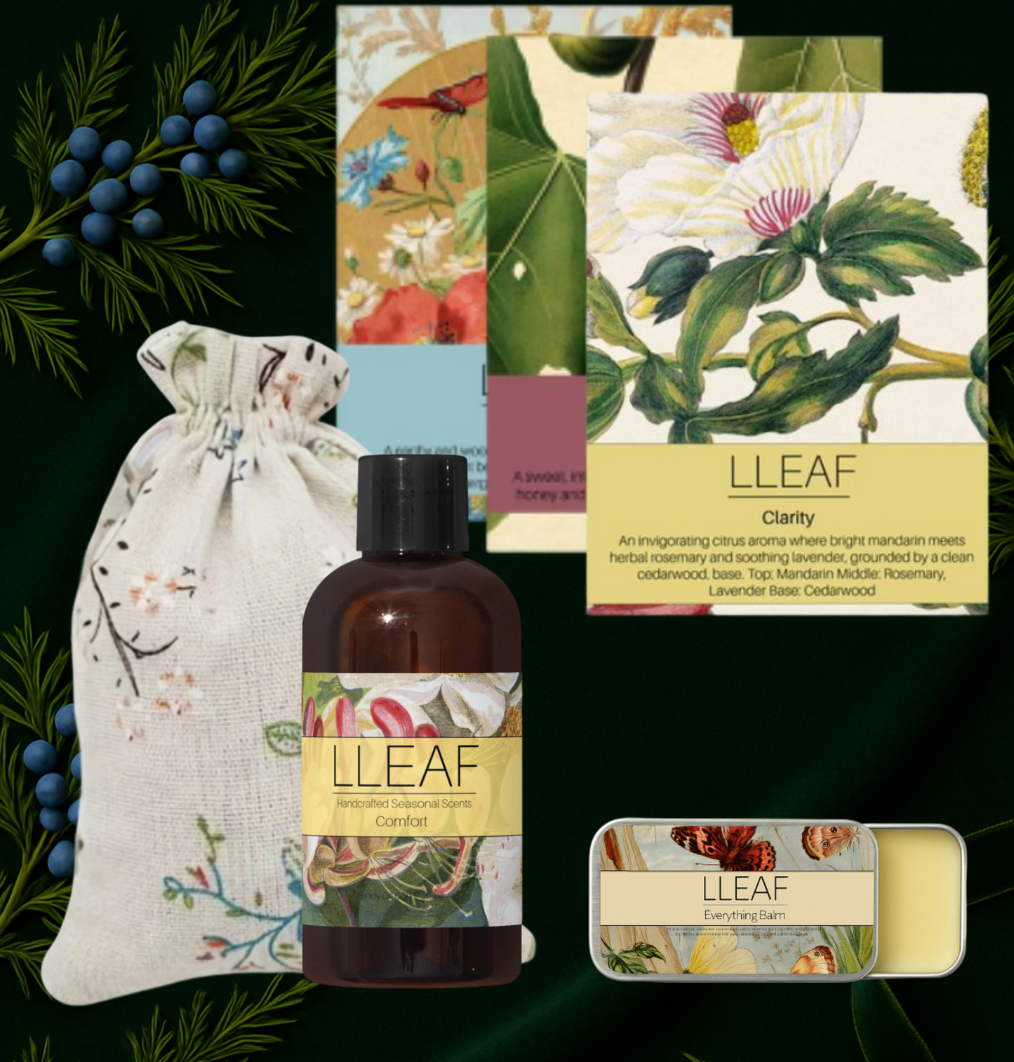 Collection of LLEAF products including a bottle, soap, and pouch with botanical designs on a dark green background.