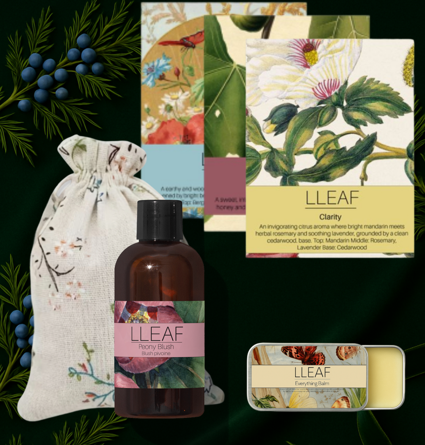Collage of LLEAF skincare products including a bottle, soap, and pouch with botanical designs on a dark green background.