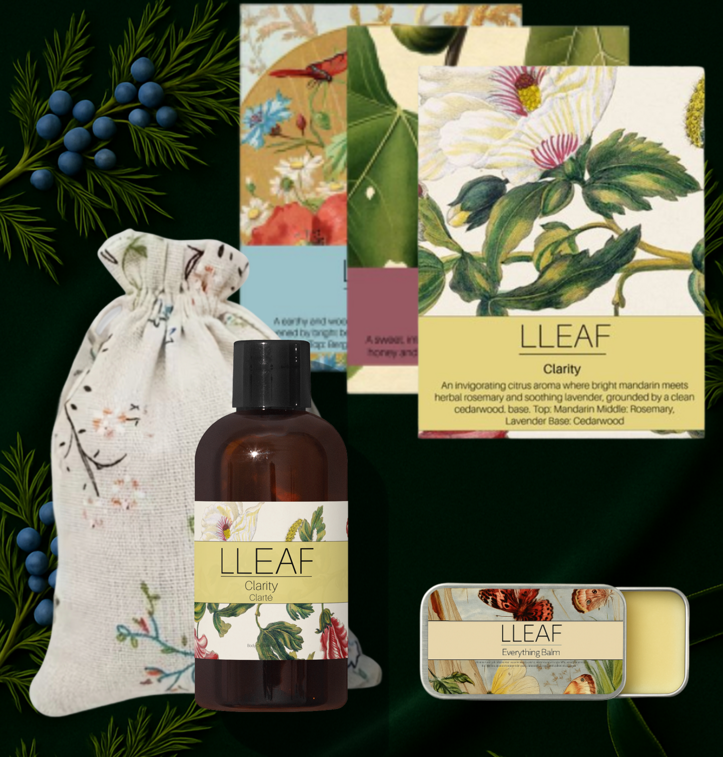 LLEAF product line including a bottle, soap, and pouch with botanical designs on a dark green background.