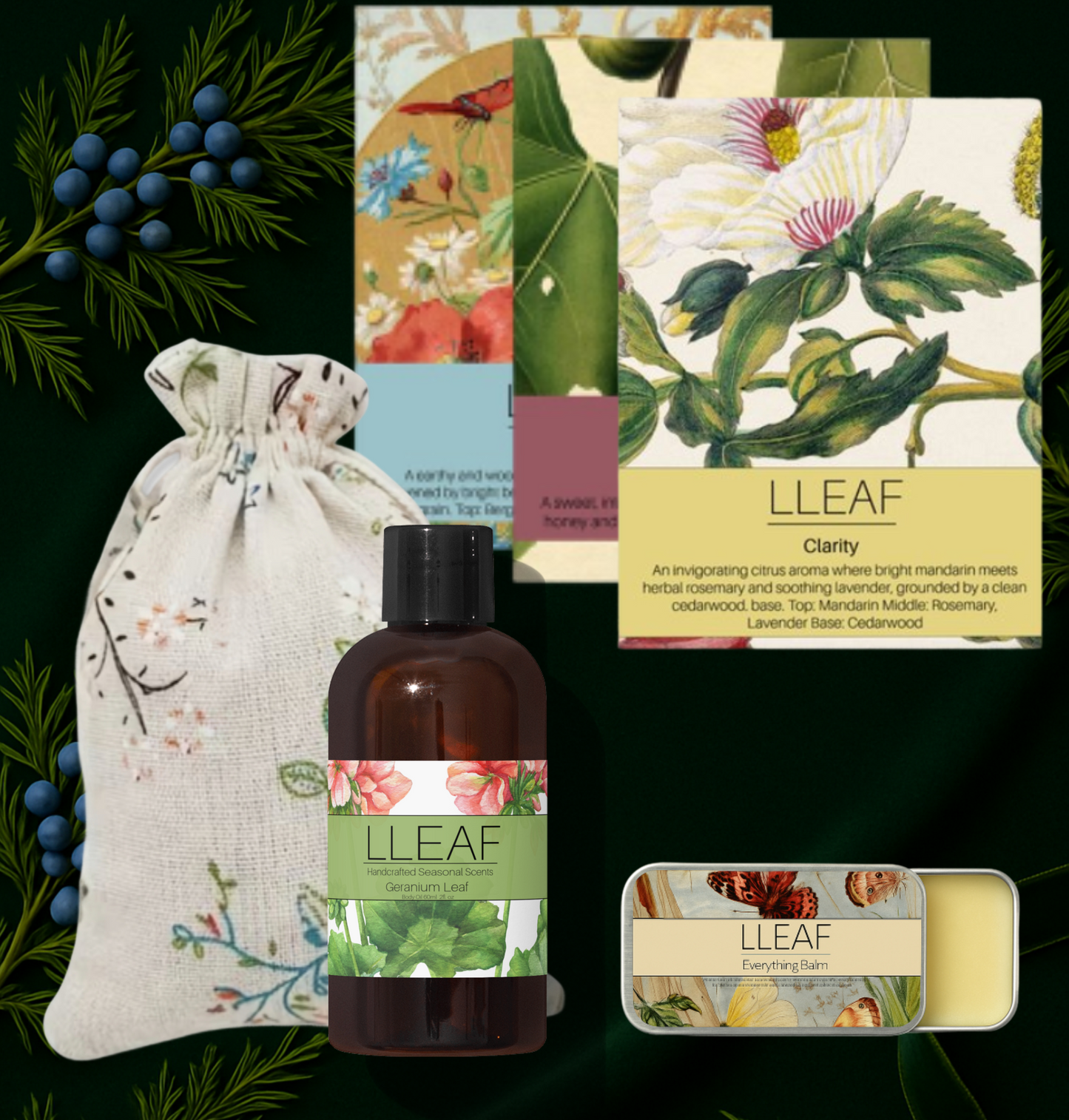 Collage of LLEAF products including a bottle, soap, and pouch with botanical designs on a dark green background.