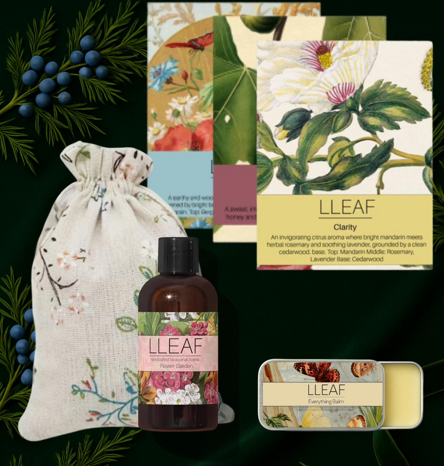 LLEAF product set including a bottle, pouch, and bar on a green leafy background