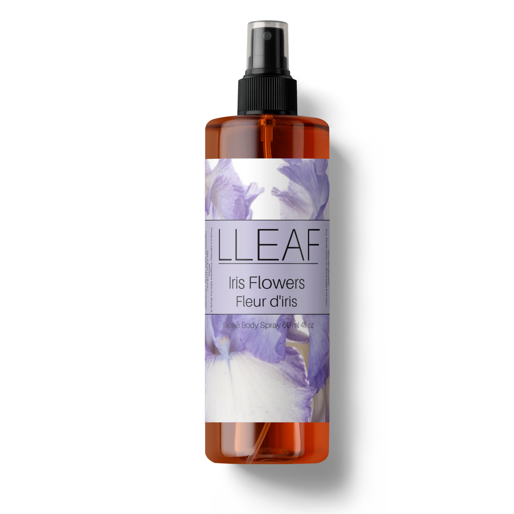 Bottle of LLEAF Iris Flowers body spray on a white background