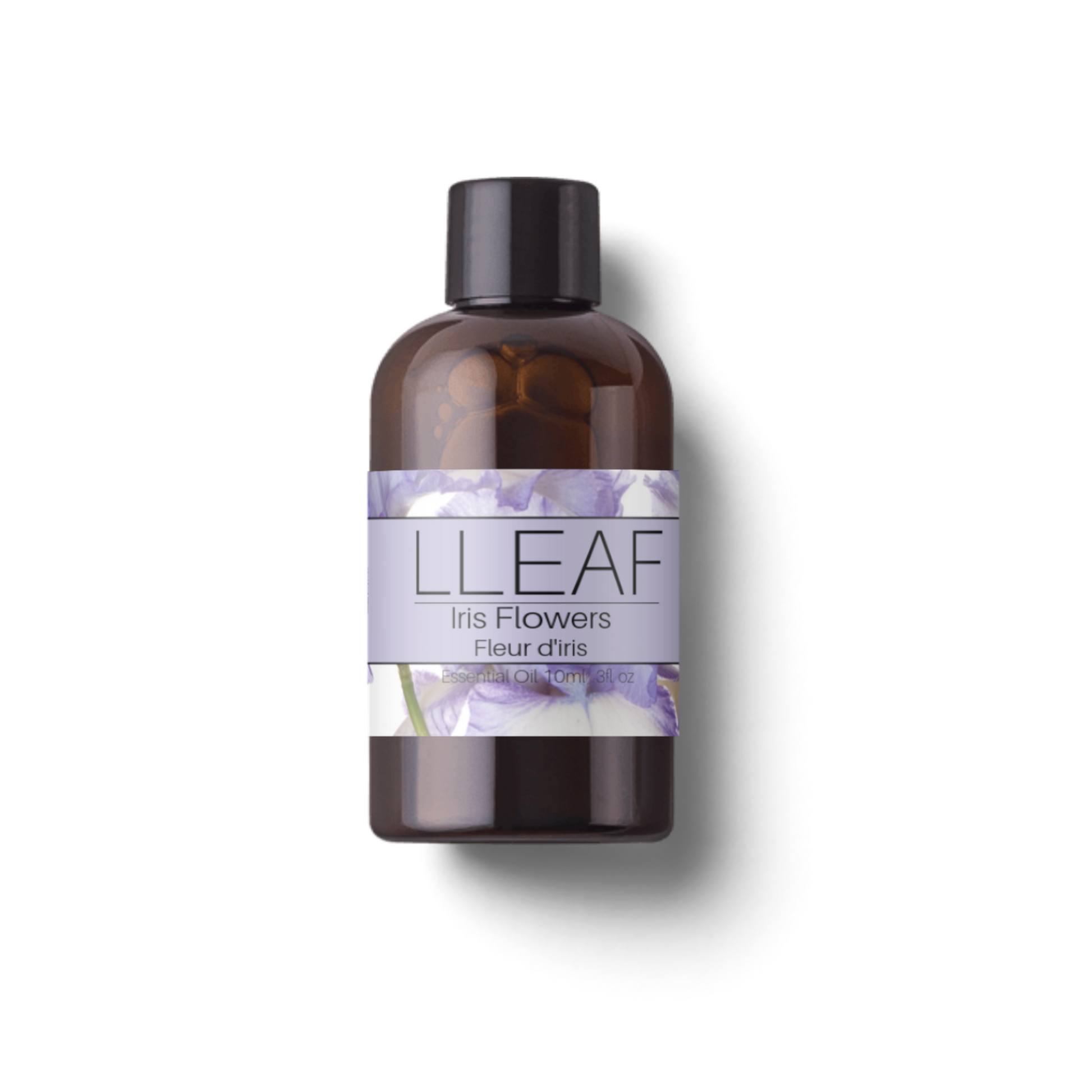 Bottle of LLEAF Iris Flowers on a white background