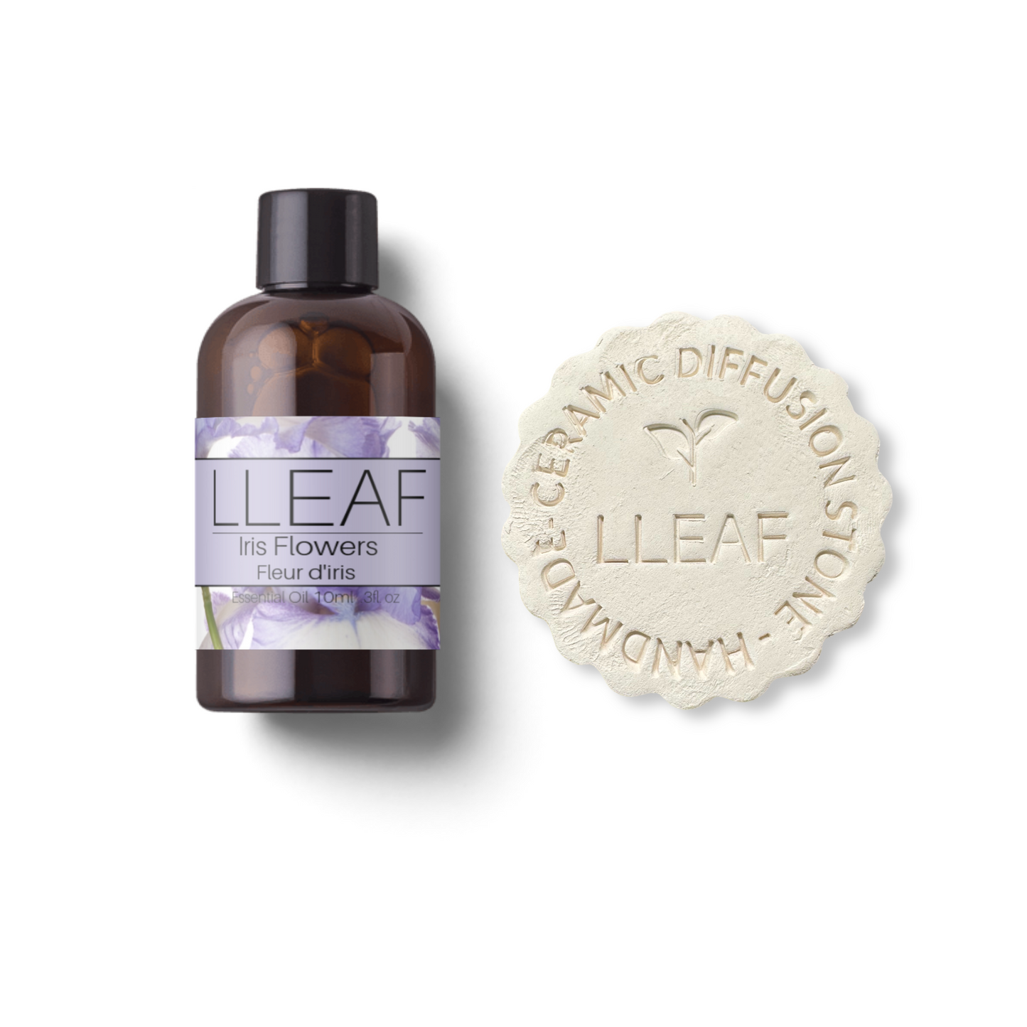 LLEAF bottle and ceramic diffuser stone on a white background