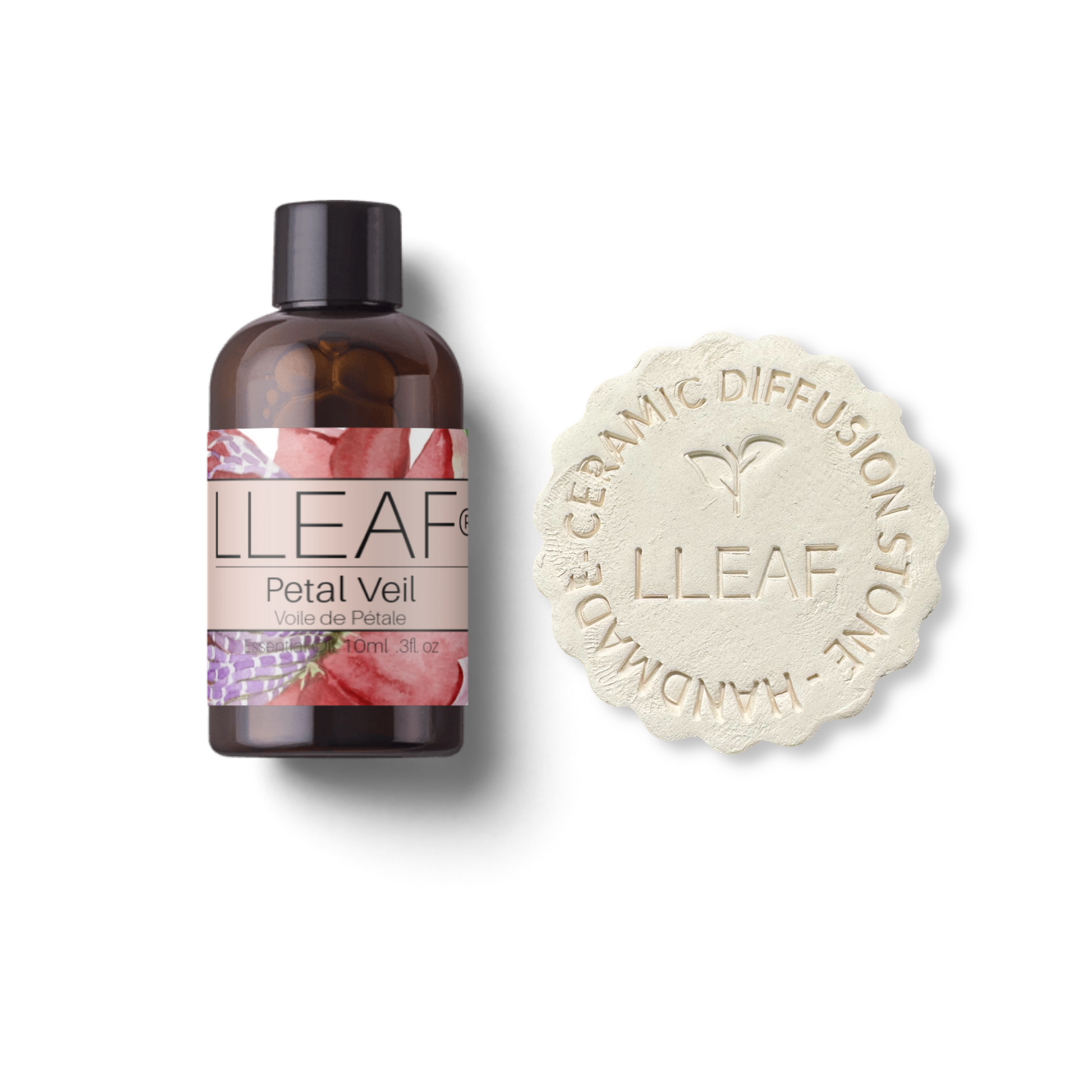 LLEAF bottle and ceramic diffuser stone on a white background