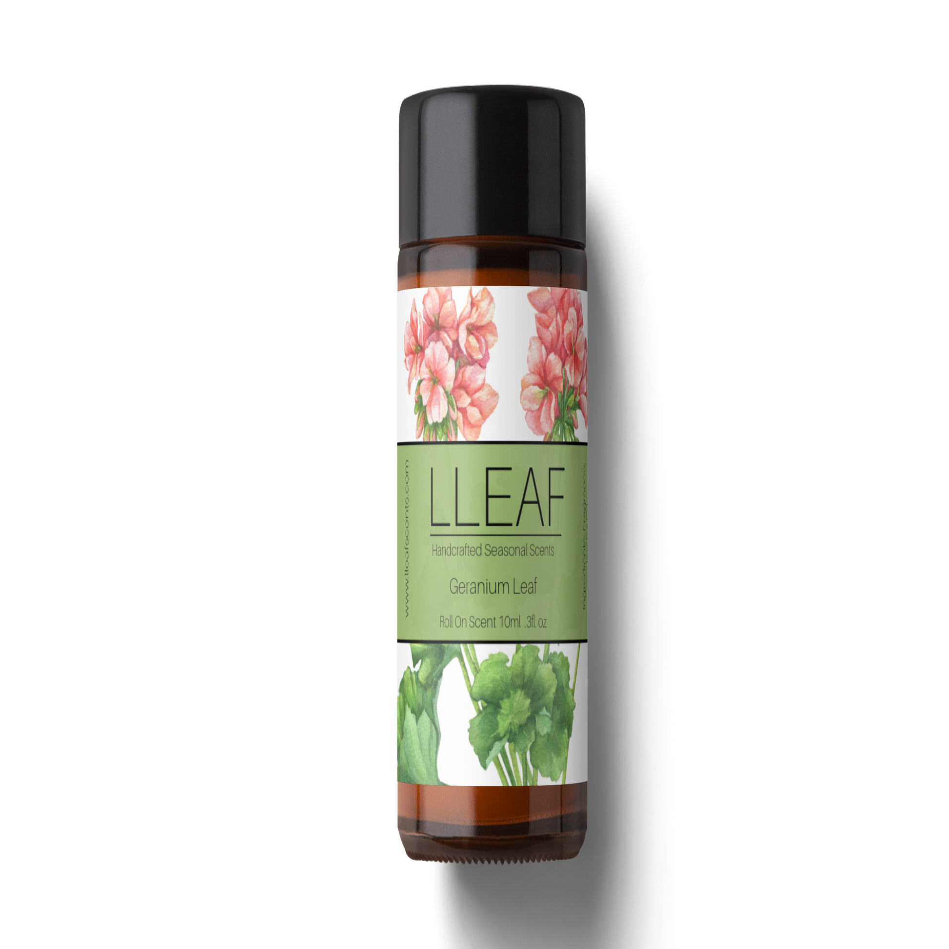 Bottle of LLEAF essential oil with floral label on a white background