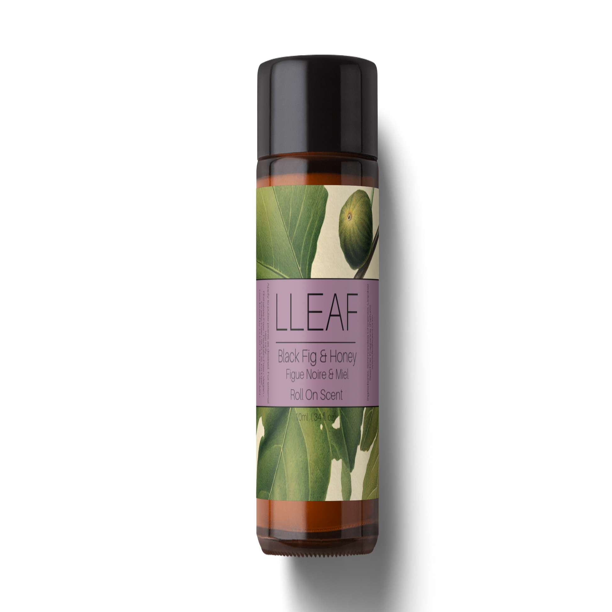 Llleaf roll-on bottle with black cap and green label on a white background