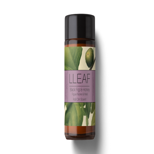 Llleaf roll-on bottle with black cap and green label on a white background