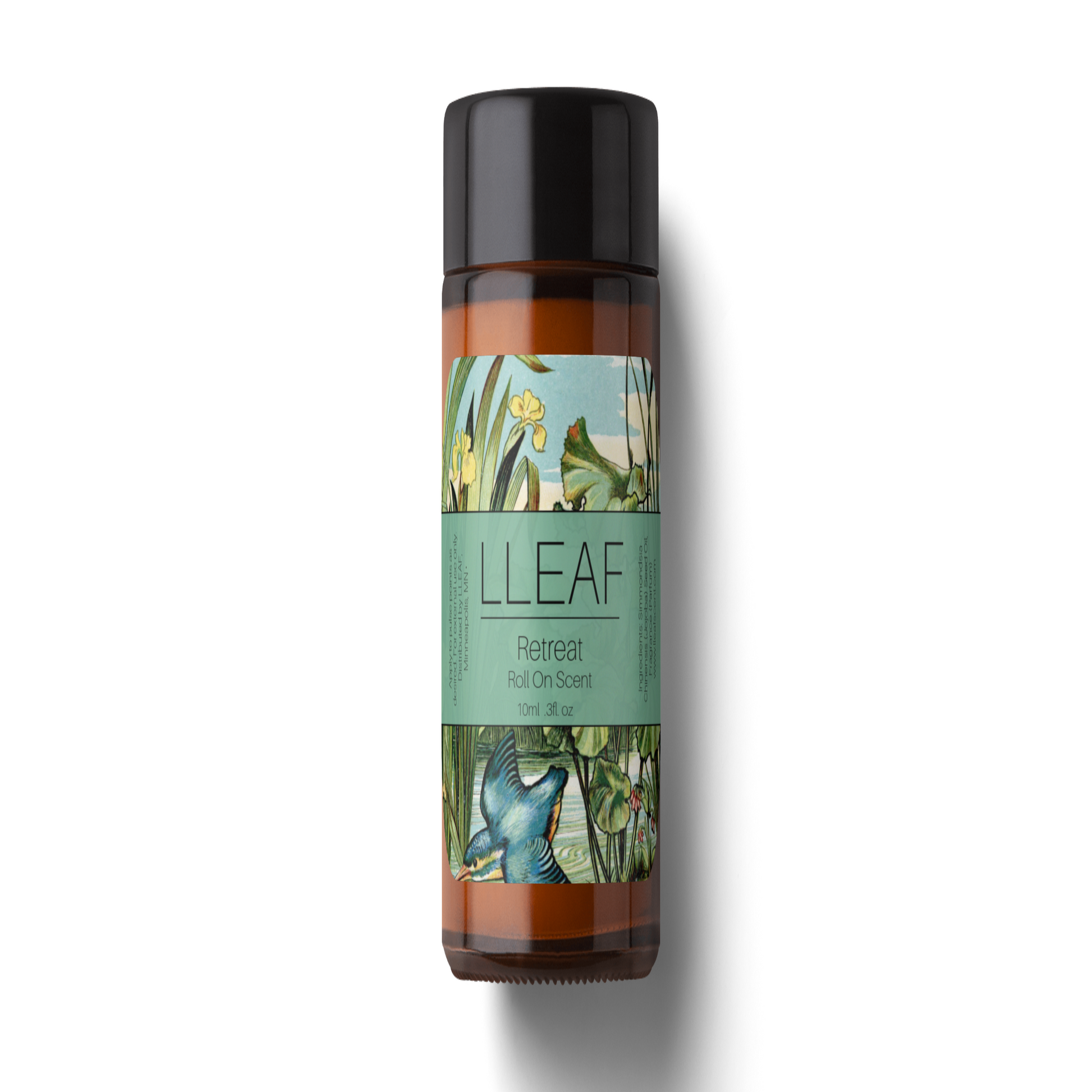 Roll-on bottle with a colorful label featuring nature-themed design on a white background