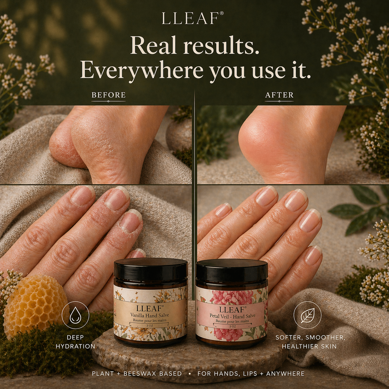Before and after comparison of skin care product application with LLEAF branding.