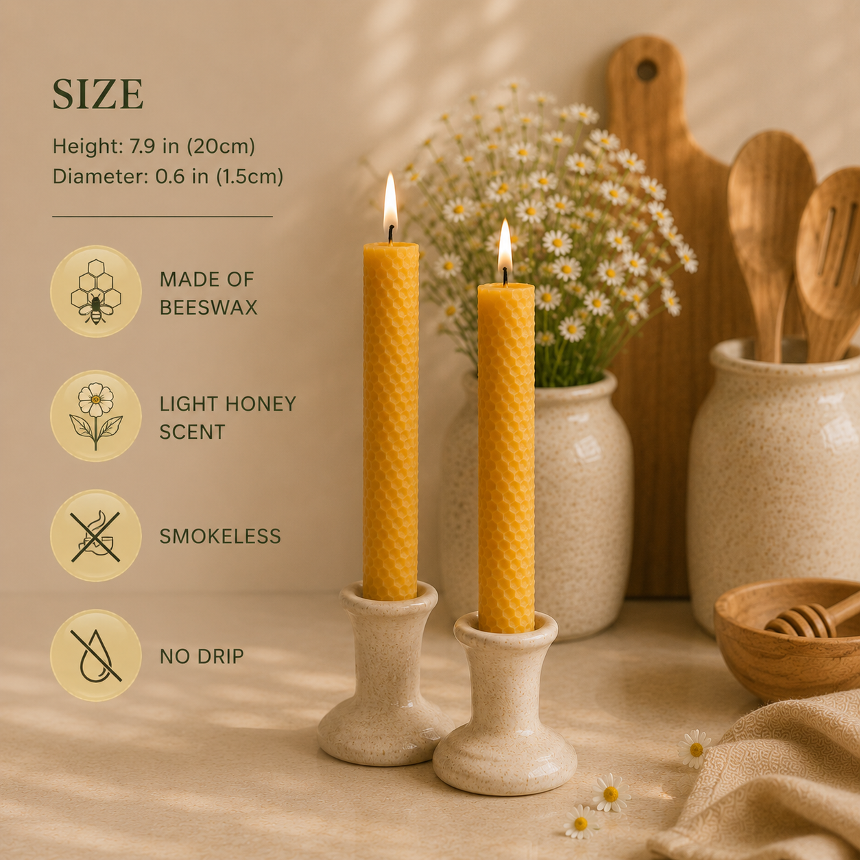 Two beeswax candles in ceramic holders with product details on a rustic background.