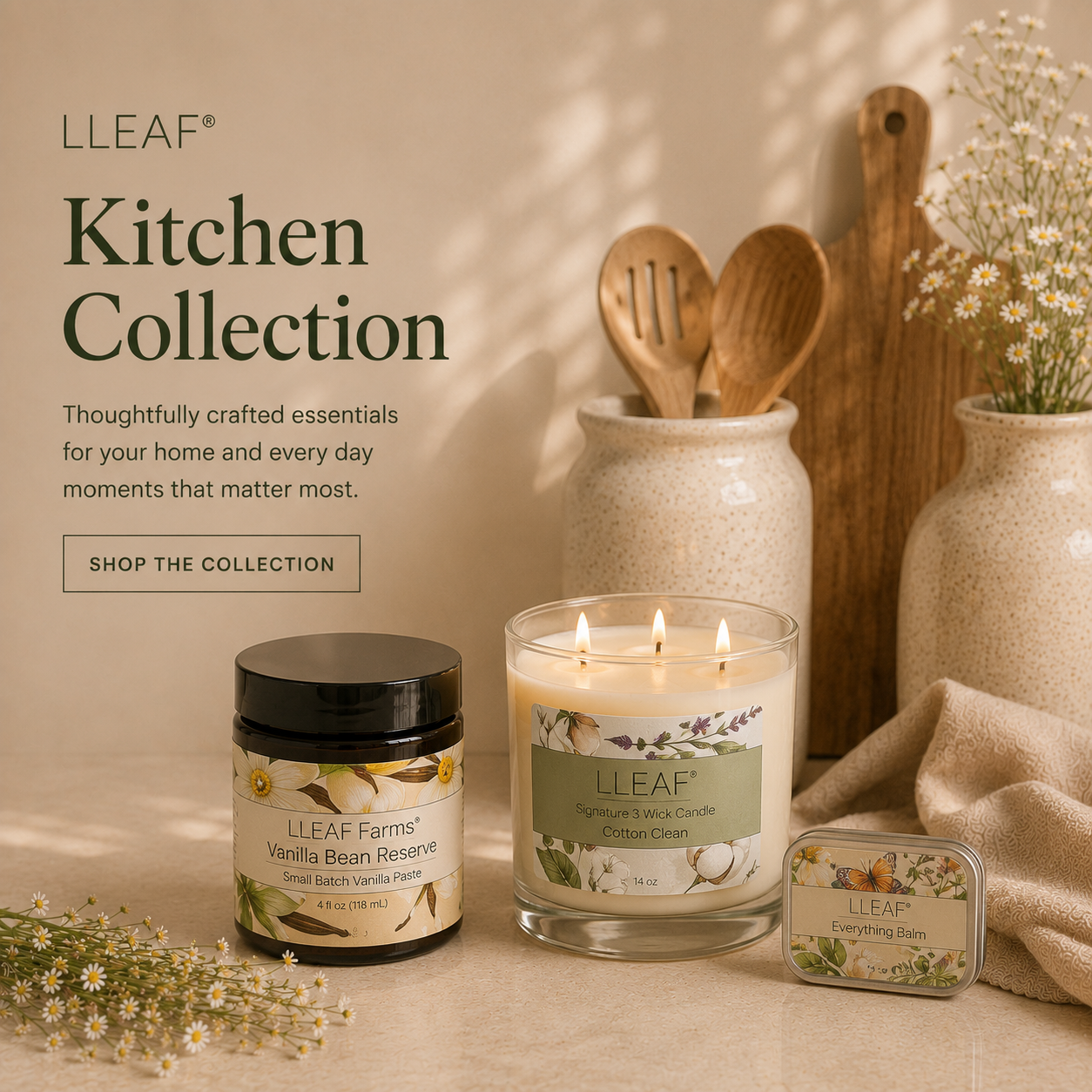 LLEAF kitchen collection with candles, jar, and other items on a neutral background